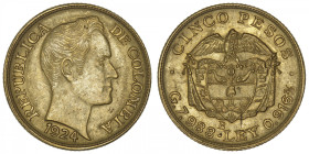 COLOMBIE
République. 5 pesos 1924. Fr.113 ; Or - 7,98 g - 21,5 mm - 6 h
Superbe.