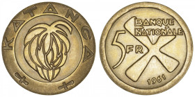 CONGO
Province du Katanga. 5 francs 1961. Fr.1 ; Or - 13,27 g - 26 mm - 12 h
Superbe.