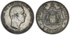 CRÈTE
Georges Ier (1863-1913). 5 drachmes 1901, Paris. KM.9 ; Argent - 24,74 g - 37 mm - 6 h
TB.