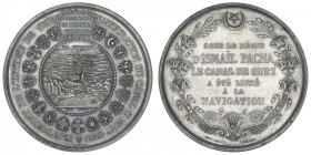 ÉGYPTE
Canal de Suez. Médaille pour l’inauguration du canal sous le règne de Ismaïl Pacha 1869, Paris. Étain - 40,68 g - 50 mm - 12 h
Très rare méda...