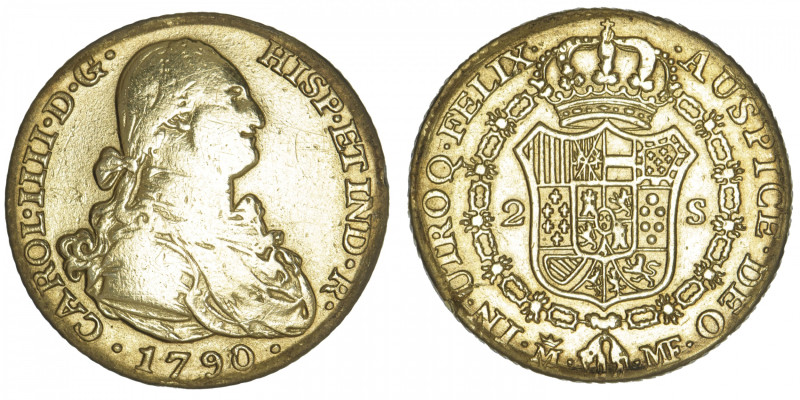 ESPAGNE
Charles IV (1788-1808). 2 escudos 1790, M couronnée, Madrid. Fr.296 ; O...