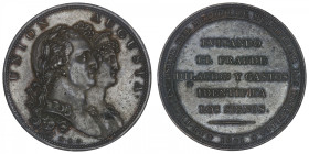 ESPAGNE
Charles IV (1788-1808). Essai de monnayage de Droz, Union Augusta 1801. Br.187 ; Bronze - 25,78 g - 39 mm - 6 h
Cet essai de Droz était dest...