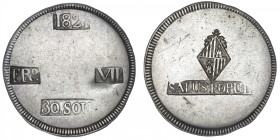 ESPAGNE
Ferdinand VII (1808-1833). 30 sueldos (sous) 1821, Majorque. KM.L53.1 ; Argent - 26,23 g - 40 mm - 12 h
TTB.