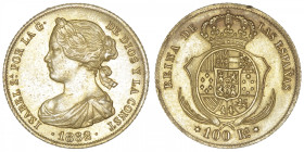 ESPAGNE
Isabelle II (1833-1868). 100 réales 1862, Madrid. Fr.331a ; Or - 8,35 g - 22 mm - 12 h
TTB à Superbe.