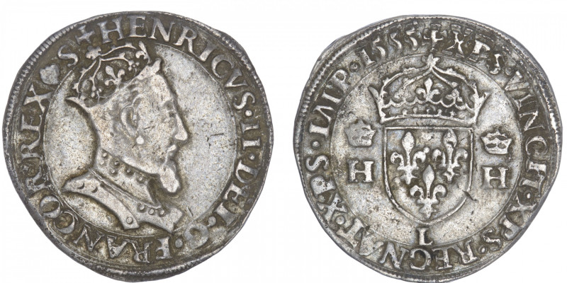 FRANCE / CAPÉTIENS
Henri II (1547-1559). Teston, 1e type 1555, L, Bayonne. Dy.9...