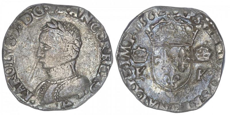 FRANCE / CAPÉTIENS
Charles IX (1560-1574). Teston, 3e type 1562, L, Bayonne. Dy...