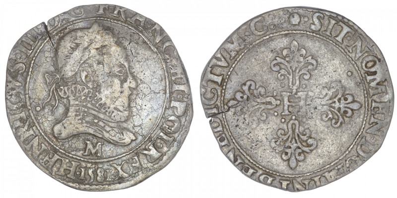 FRANCE / CAPÉTIENS
Henri III (1574-1589). Franc au col fraisé 1581, M, Toulouse...