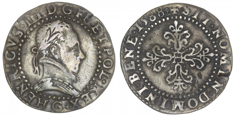 FRANCE / CAPÉTIENS
Henri III (1574-1589). Demi-franc au col plat 1588, G, Poiti...