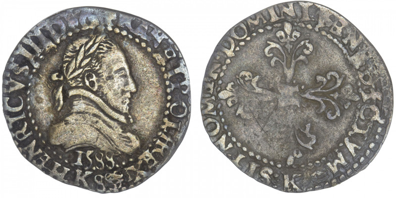 FRANCE / CAPÉTIENS
Henri III (1574-1589). Quart de franc au col plat 1588, K, B...