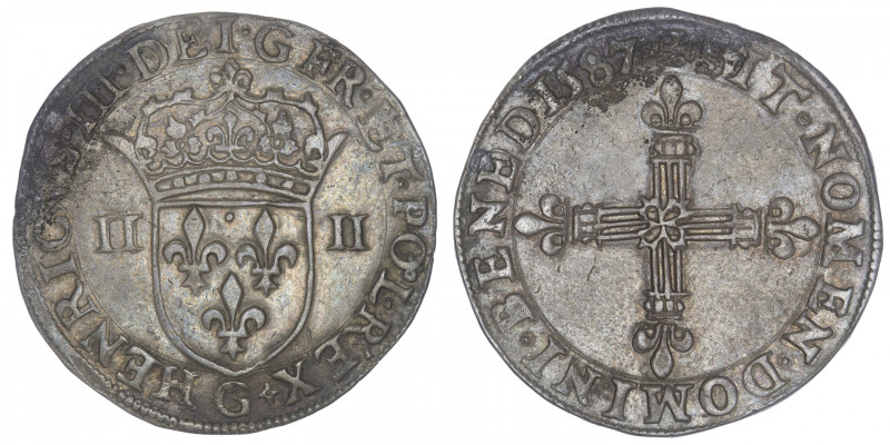 FRANCE / CAPÉTIENS
Henri III (1574-1589). Quart d’écu 1587, G, Poitiers. Dy.113...