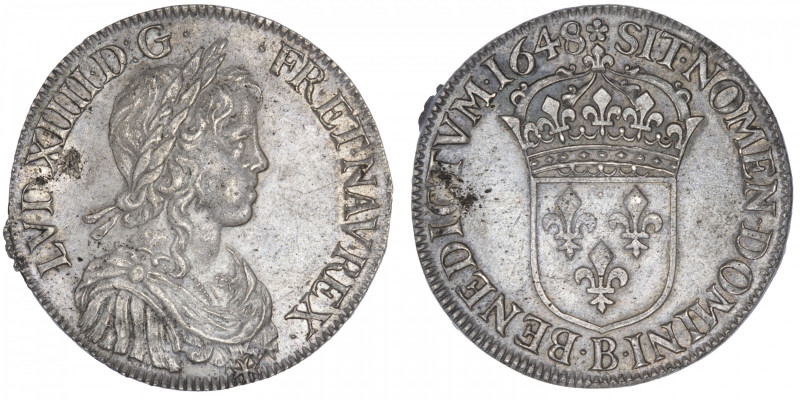 FRANCE / CAPÉTIENS
Louis XIV (1643-1715). Écu à la mèche longue 1648, B, Rouen....