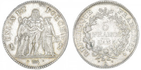 FRANCE
Directoire (1795-1799). 5 francs Union et Force An 5, A, Paris. G.563 - F.291 ; Argent - 25,15 g - 37 mm - 6 h
Rayure à l’avers sinon TTB.