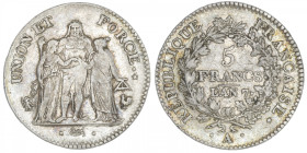 FRANCE
Directoire (1795-1799). 5 francs Union et Force An 7, A, Paris. G.563 - F.294 ; Argent - 24,97 g - 37 mm - 6 h
Beau TB.