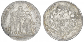 FRANCE
Directoire (1795-1799). 5 francs Union et Force An 7, A, Paris. G.563 - F.296 ; Argent - 24,70 g - 37 mm - 6 h
TB.
