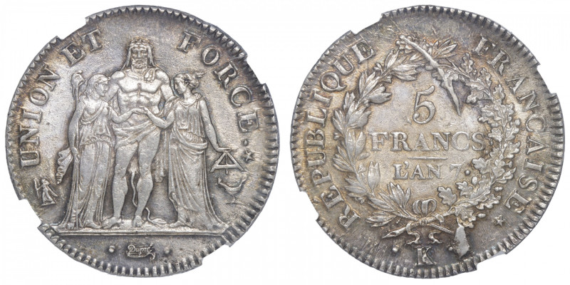 FRANCE
Directoire (1795-1799). 5 francs Union et Force An 7, K, Bordeaux. G.563...