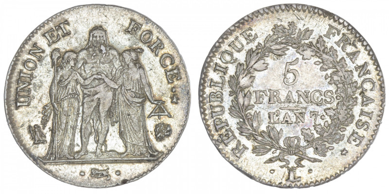 FRANCE
Directoire (1795-1799). 5 francs Union et Force An 7, L, Bayonne. G.563 ...