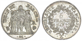 FRANCE
Directoire (1795-1799). 5 francs Union et Force An 7, L, Bayonne. G.563 - F.288 ; Argent - 24,83 g - 37 mm - 6 h
TTB.