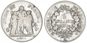 FRANCE
Consulat (1799-1804). 5 francs Union et Force An 10, A, Paris. G.563a - F.300 ; Argent - 24,43 g - 37 mm - 6 h
B à TB.