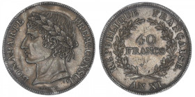 FRANCE
Consulat (1799-1804). Épreuve de la 40 francs, concours de Vasselon An XI, Paris. G.1078 ; Étain bronzé - 8,27 g - 26 mm - 6 h
Intéressante é...