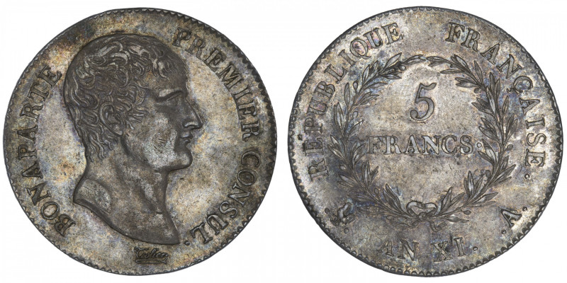 FRANCE
Consulat (1799-1804). 5 francs Bonaparte An XI, A, Paris. G.577 - F.301 ...
