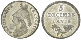 FRANCE
Consulat (1799-1804). 5 décimes, Lorthior An 8, A, Paris. VG.827 ; Billon - 3,61 g - 24 mm - 6 h
Légère tache devant le buste. Superbe.