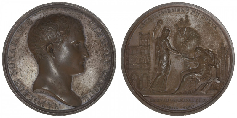 FRANCE
Consulat (1799-1804). Médaille, rétablissement du Culte An X, Paris. Br....