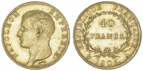 FRANCE
Premier Empire / Napoléon Ier (1804-1814). 40 francs République, tête nue 1806, A, Paris. G.1082 - F.538 - Fr.481 ; Or - 12,87 g - 26 mm - 6 h...
