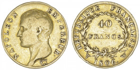 FRANCE
Premier Empire / Napoléon Ier (1804-1814). 40 francs République, tête nue 1806, W, Lille. G.1082 - F.538 - Fr.483 ; Or - 12,78 g - 26 mm - 6 h...