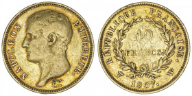 FRANCE
Premier Empire / Napoléon Ier (1804-1814). 40 francs type transitoire, tête nue 1807, W, Lille. G.1082a - F.539 - Fr.483 ; Or - 12,83 g - 26 m...