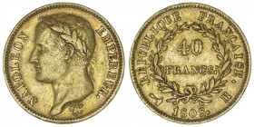 FRANCE
Premier Empire / Napoléon Ier (1804-1814). 40 francs République 1808, M, Toulouse. G.1083 - F.540 - Fr.496 ; Or - 12,85 g - 26 mm - 6 h
TTB....