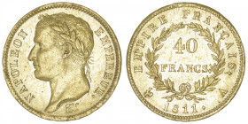 FRANCE
Premier Empire / Napoléon Ier (1804-1814). 40 francs Empire 1811, A, Paris. G.1085 - F.541 - Fr.505 ; Or - 12,88 g - 26 mm - 6 h
Avec une par...