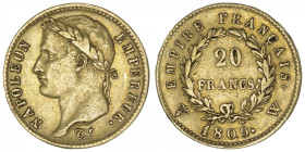 FRANCE
Premier Empire / Napoléon Ier (1804-1814). 20 francs Empire 1809, W, Lille. G.1025 - F.516 - Fr.512 ; Or - 6,41 g - 21 mm - 6 h
TTB.