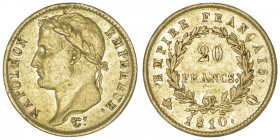FRANCE
Premier Empire / Napoléon Ier (1804-1814). 20 francs Empire 1810, Q, Perpignan. G.1025 - F.516 - Fr.518 ; Or - 6,42 g - 21 mm - 6 h
Millésime...