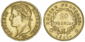FRANCE
Premier Empire / Napoléon Ier (1804-1814). 20 francs Empire 1811, U, Turin. G.1025 - F.516 - Fr.515 ; Or - 6,45 g - 21 mm - 6 h
Exemplaire br...