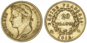 FRANCE
Premier Empire / Napoléon Ier (1804-1814). 20 francs Empire 1812, Q, Perpignan. G.1025 - F.516 - Fr.518 ; Or - 6,41 g - 21 mm - 6 h
TTB.