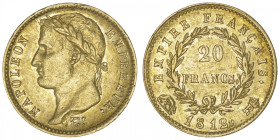 FRANCE
Premier Empire / Napoléon Ier (1804-1814). 20 francs Empire 1812, R, Rome. G.1025 - F.516 - Fr.519 ; Or - 6,43 g - 21 mm - 6 h
Millésime rare...
