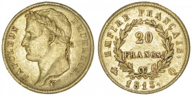 FRANCE
Premier Empire / Napoléon Ier (1804-1814). 20 francs Empire 1813, Q, Perpignan. G.1025 - F.516 - Fr.518 ; Or - 6,40 g - 21 mm - 6 h
TTB.