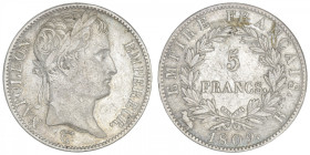 FRANCE
Premier Empire / Napoléon Ier (1804-1814). 5 francs Empire 1809, B, Rouen. G.584 - F.307 ; Argent - 24,99 g - 37 mm - 6 h
TB.