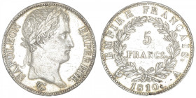 FRANCE
Premier Empire / Napoléon Ier (1804-1814). 5 francs Empire 1810, A, Paris. G.584 - F.307 ; Argent - 24,96 g - 37 mm - 6 h
Nettoyé. TTB.