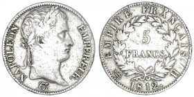 FRANCE
Premier Empire / Napoléon Ier (1804-1814). 5 francs Empire 1812, H, La Rochelle. G.584 - F.307 ; Argent - 24,61 g - 37 mm - 6 h
Nettoyé. TB....