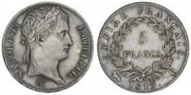 FRANCE
Premier Empire / Napoléon Ier (1804-1814). 5 francs Empire 1813, B, Rouen. G.584 - F.307 ; Argent - 24,76 g - 37 mm - 6 h
Flan d’aspect mat d...