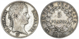 FRANCE
Premier Empire / Napoléon Ier (1804-1814). 5 francs Empire 1812, R, Rome. G.584 - F.307 ; Argent - 24,80 g - 37 mm - 6 h
Très rare et recherc...