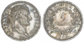 FRANCE
Premier Empire / Napoléon Ier (1804-1814). 1 franc Empire 1810, W, Lille. G.447 - F.205 ; Argent - 4,93 g - 23 mm - 6 h
Date rare. Patine som...