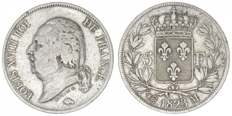 FRANCE
Louis XVIII (1814-1824). 5 francs buste nu 1823, M, Toulouse. G.614 - F....