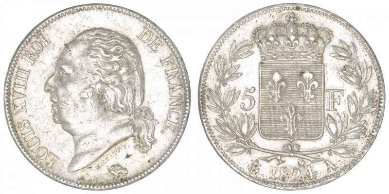 FRANCE
Louis XVIII (1814-1824). 5 francs buste nu 1824, A, Paris. G.614 - F.309...