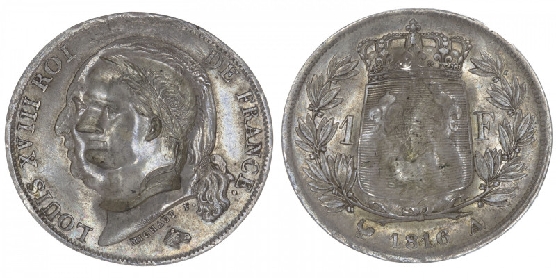 FRANCE
Louis XVIII (1814-1824). 1 franc Louis XVIII contremarquée du portrait d...