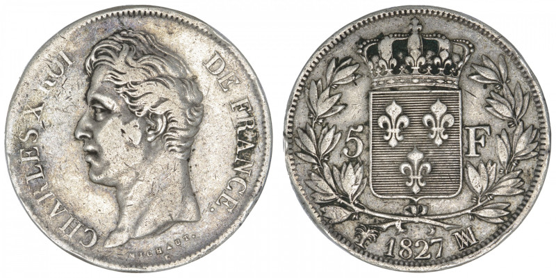 FRANCE
Charles X (1824-1830). 5 francs, 2e type 1827, MA, Marseille. G.644 - F....