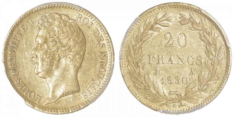 FRANCE
Louis-Philippe Ier (1830-1848). 20 francs tête nue, tranche en creux 183...