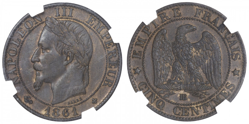 FRANCE
Second Empire / Napoléon III (1852-1870). 5 centimes tête laurée 1861, B...