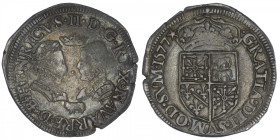 FRANCE / FÉODALES
Béarn (Seigneurie de), Henri II et Marguerite. Teston 1577, Pau. Dy.1315 ; Argent - 9,40 g - 29 mm - 10 h
TTB.